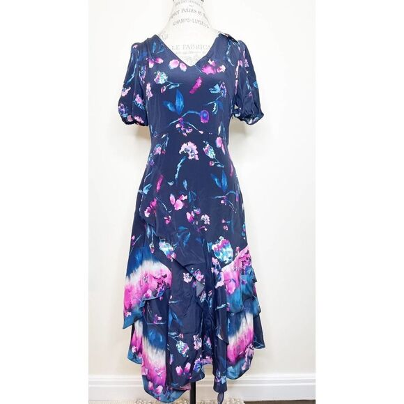 TANYA TAYLOR Tie Dye Floral Navy Estrella Ruffle Dress US 6 - Picture 2 of 16